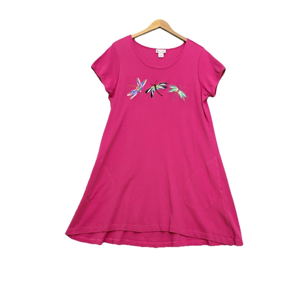 GO SOFTLY Patio House Dress Pink Knit Dragonfly Embroidered Mumu‎ Dress Large